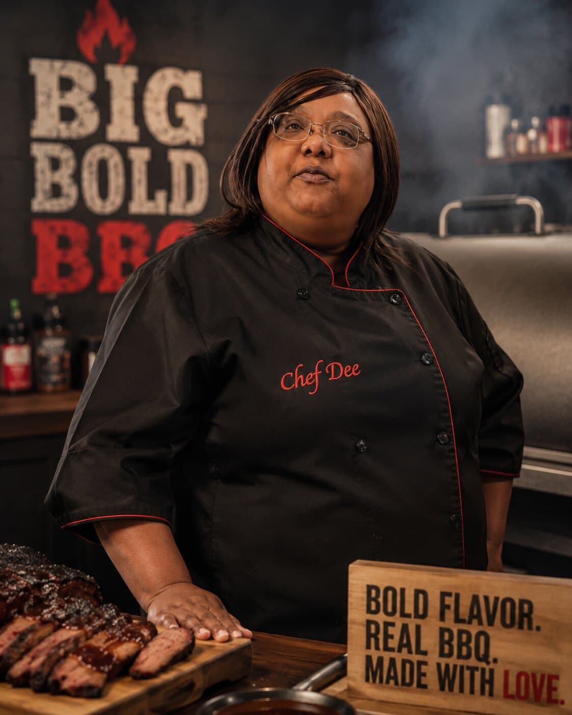 Chef Dee in her Big Bold BBQ kitchen, beside fresh-smoked brisket and ribs