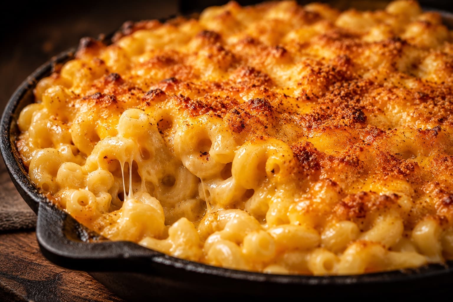 Baked Southern mac and cheese bubbling in a skillet