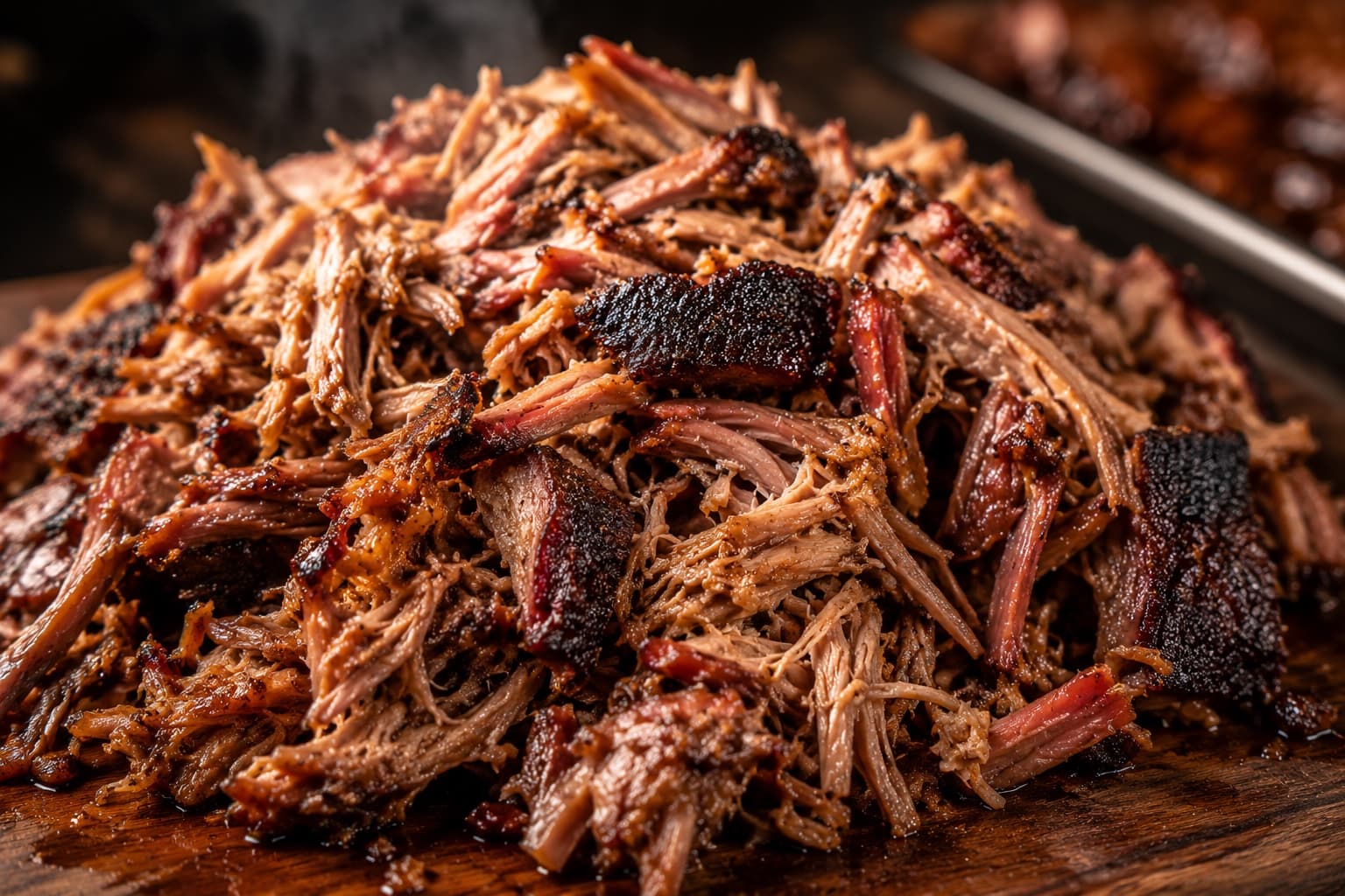 Pile of hand-pulled smoked pork with charred bark pieces