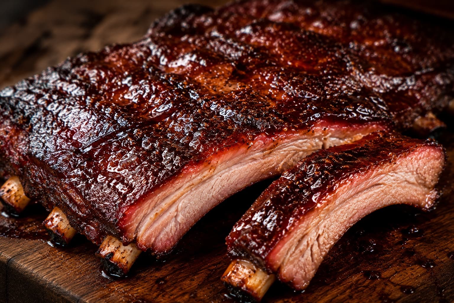 Glazed baby back ribs with smoky bark on a wooden board